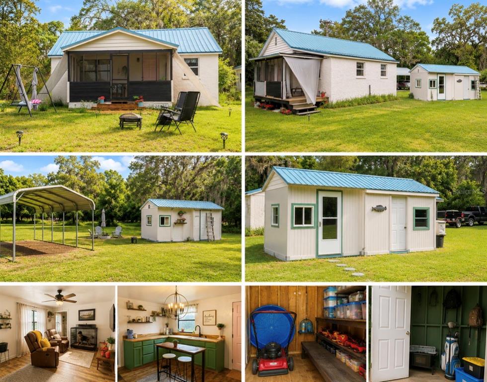 A collage showing a cottage with a blue roof, a shed, and interior living spaces — 24813 E HIGHWAY 316, FORT MC COY, FL
