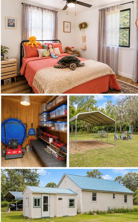 A bedroom, a storage shed interior, a metal carport, and the exterior of a house — 24813 E HIGHWAY 316, FORT MC COY, FL