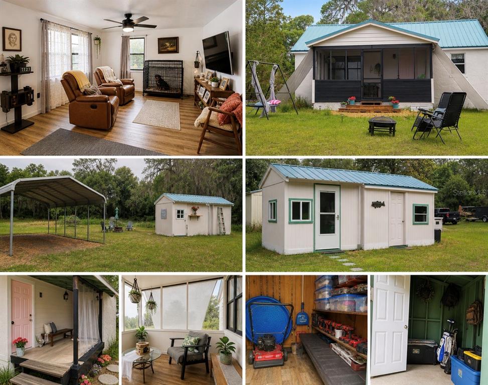 A collage showing a living room, exterior views of a house, sheds, and a porch — 24813 E HIGHWAY 316, FORT MC COY, FL