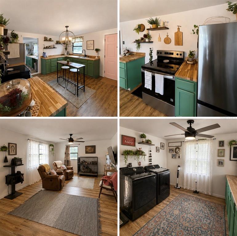 A four-panel collage shows a kitchen with green cabinets, a living area, and a laundry room — 24813 E HIGHWAY 316, FORT MC COY, FL