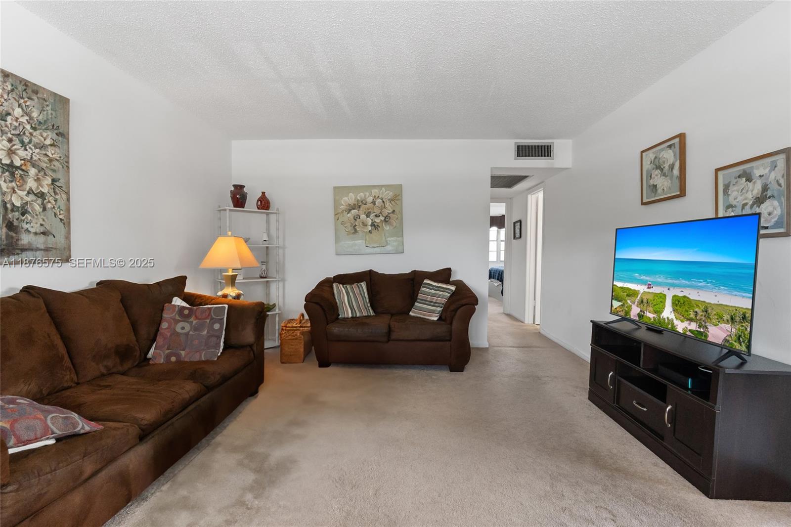 A living room features brown sofas, a television on a stand, and beige carpeting — 431 Markham T # 431, Deerfield Beach FL 33442, DEERFIELD BEACH, FL