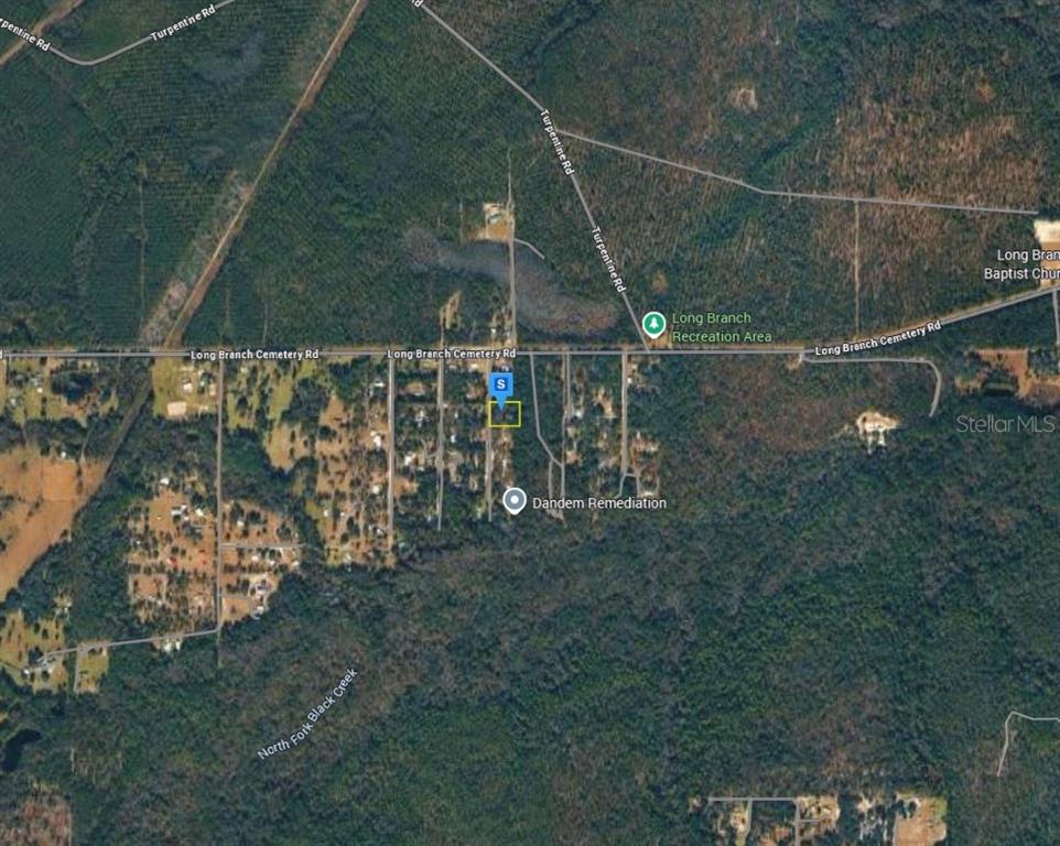 This is an aerial map showing a property location near Long Branch Cemetery Road — 819 GREGORY ROAD, JACKSONVILLE, FL
