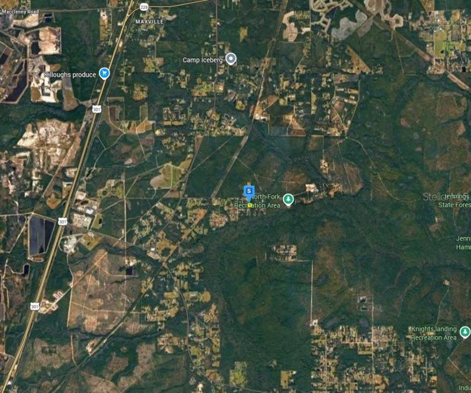 This is a satellite map showing rural land, roads, and recreation areas near Maxville — 819 GREGORY ROAD, JACKSONVILLE, FL