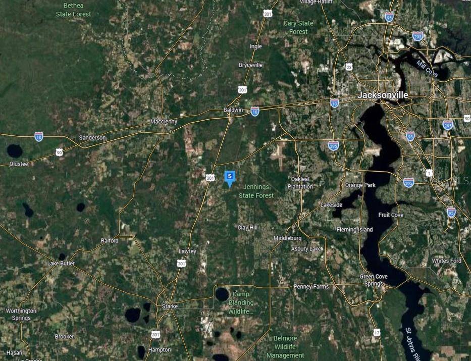 This is a satellite map showing the area surrounding Jacksonville, Florida — 819 GREGORY ROAD, JACKSONVILLE, FL