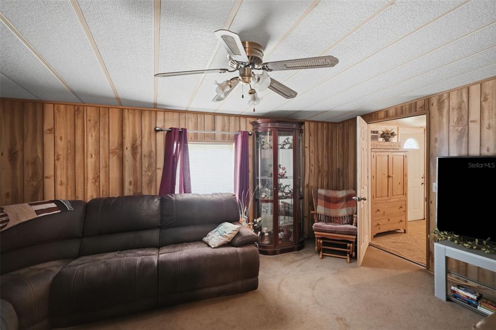 A living room features wood-paneled walls, a brown sofa, a ceiling fan, and a display cabinet — 13637 CR 737, WEBSTER, FL