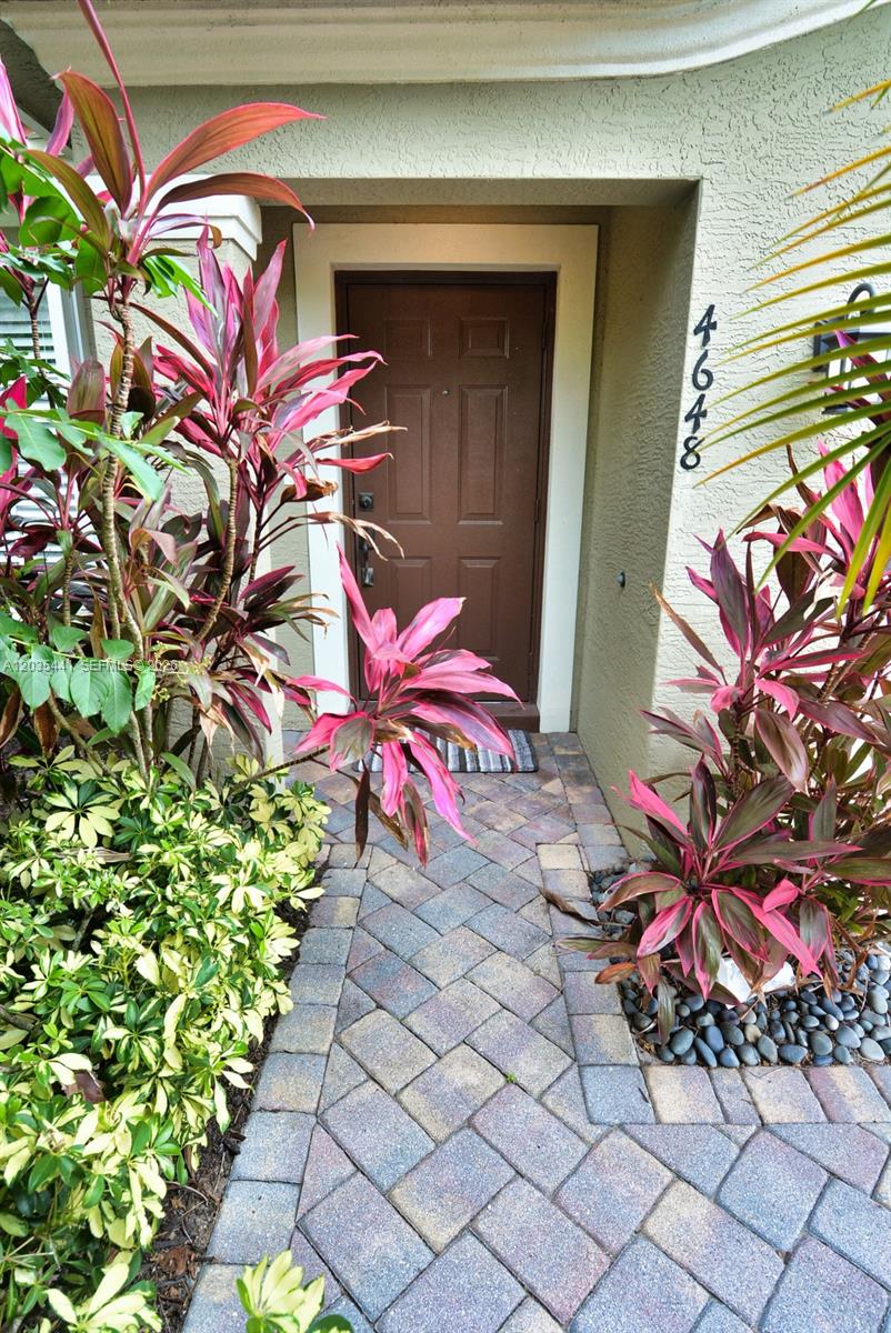 A brown front door is framed by vibrant red-leafed plants and a stone walkway — 4648 56th Ln, Vero Beach FL 32967, VERO BEACH, FL