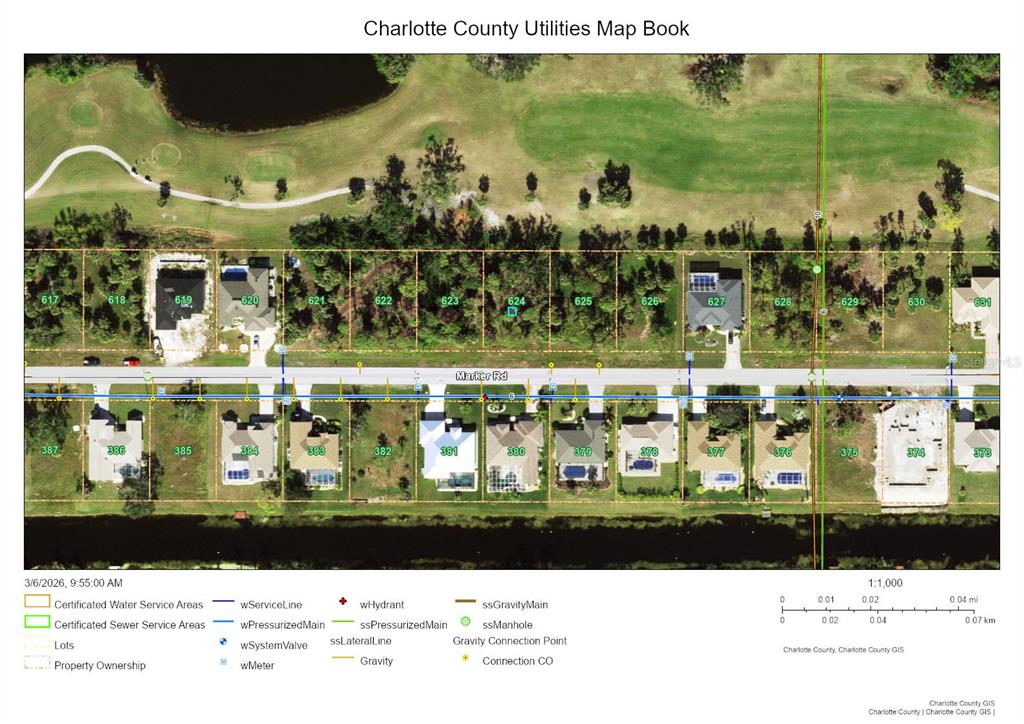 This is a utility map showing property lots and infrastructure along a residential street — 234 MARKER ROAD, ROTONDA WEST, FL