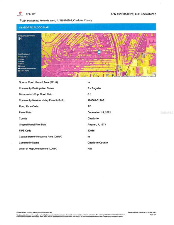 This is a flood map document for a property in Charlotte County, Florida — 234 MARKER ROAD, ROTONDA WEST, FL