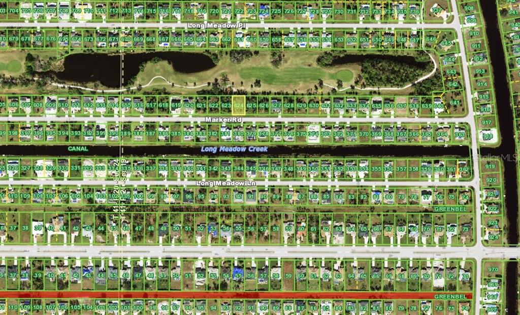 This is a satellite map view of a residential neighborhood with a central lake — 234 MARKER ROAD, ROTONDA WEST, FL