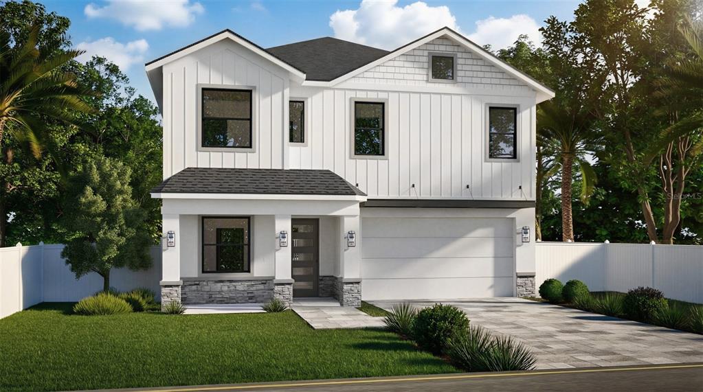 This is a digital rendering of a two-story modern farmhouse with white vertical siding — 5407 S ELKINS AVENUE, TAMPA, FL