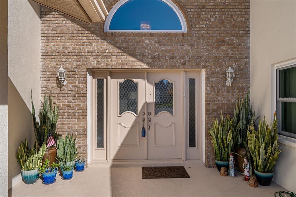 A beige double front door with glass inserts is centered on a brick exterior wall — 10421 TEMPLEWOOD COURT, SPRING HILL, FL
