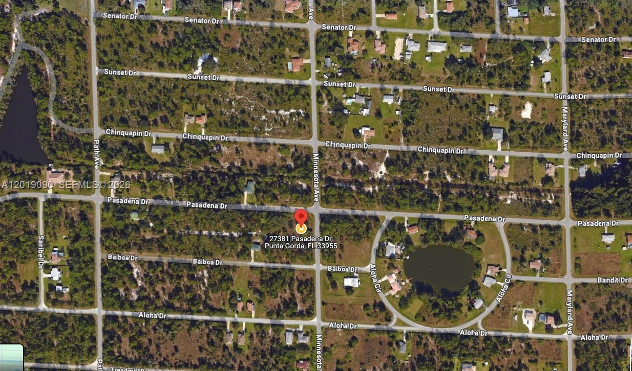 This is an aerial map view of a residential neighborhood in Punta Gorda, Florida — 27381 Pasadena Drive, Punta Gorda FL 33955, PUNTA GORDA, FL