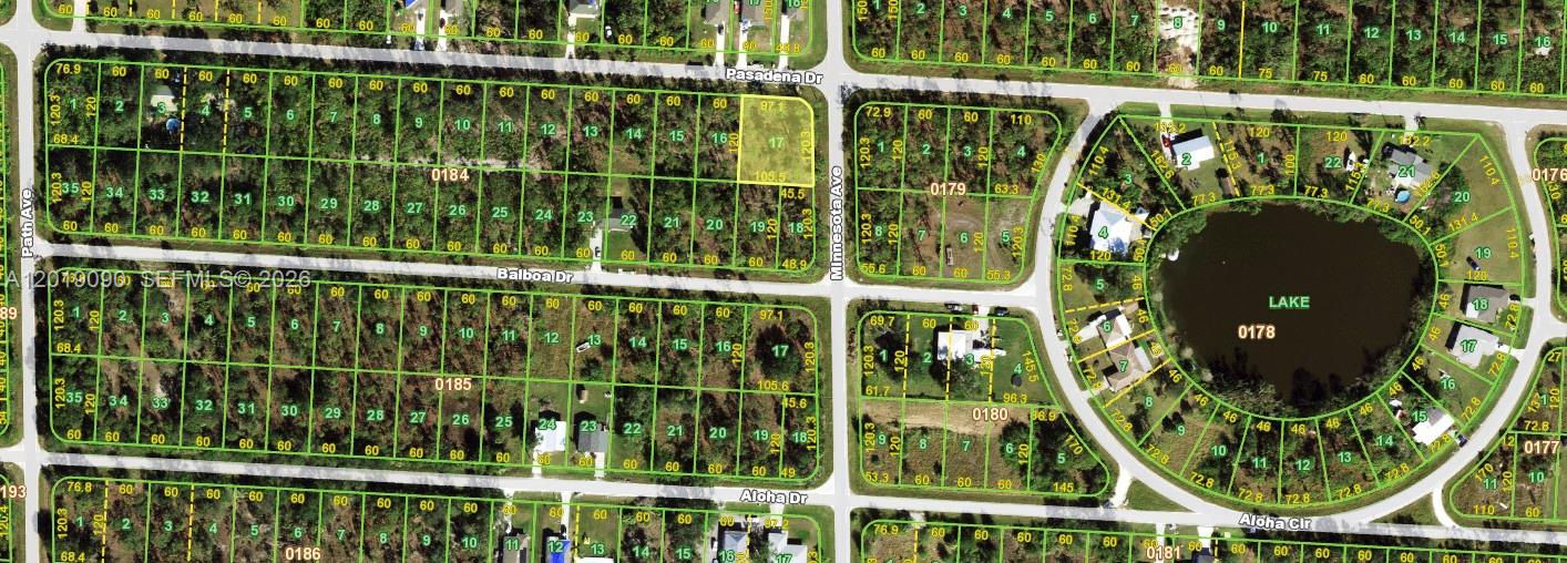 This is a land plat map showing residential lots, streets, and a lake — 27381 Pasadena Drive, Punta Gorda FL 33955, PUNTA GORDA, FL