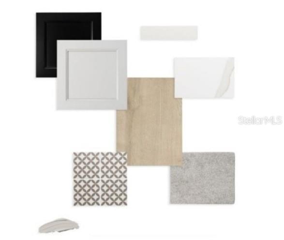 This is a digital rendering of interior design finish samples including cabinetry, flooring, and tile — 1604 COLE ROAD, ORLANDO, FL
