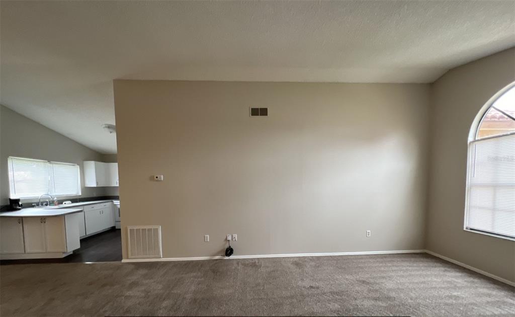 A carpeted living room features a large blank wall, a vent, and an arched window — 319 OAK TRACK DRIVE, OCALA, FL
