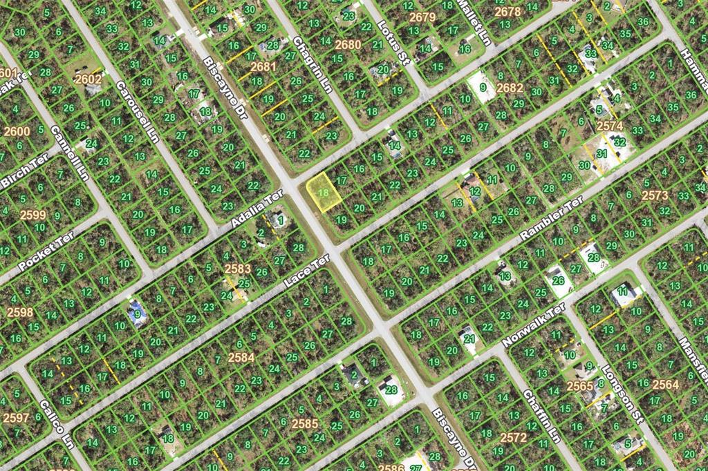 This is an aerial map showing residential lots and street layouts in a suburban neighborhood — 1340 ADALIA TERRACE, PORT CHARLOTTE, FL