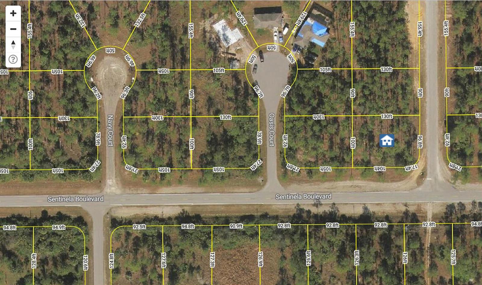 This is a satellite map view showing residential lots and cul-de-sacs along Sentinela Boulevard — 107 Moore Avenue, Lehigh Acres FL 33936, LEHIGH ACRES, FL