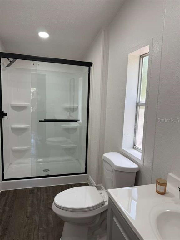 A bathroom features a glass-enclosed shower, a white toilet, and a vanity with a sink — 10350 EVERGREEN STREET, NEW PORT RICHEY, FL