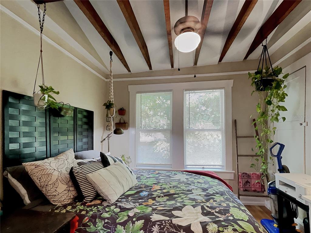 A bedroom features a dark green headboard, exposed ceiling beams, and several hanging potted plants — 807 1/2 S FREMONT AVENUE UNIT #Upper, TAMPA, FL