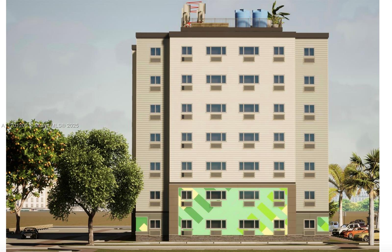 This is a digital rendering of a six-story apartment building with a patterned green facade — BUSHIRI BUSHIRI # 2, NA, NA