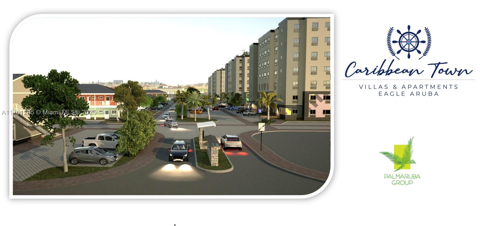 A digital rendering shows the entrance and multi-story apartment buildings of the Caribbean Town complex — BUSHIRI BUSHIRI # 2, NA, NA