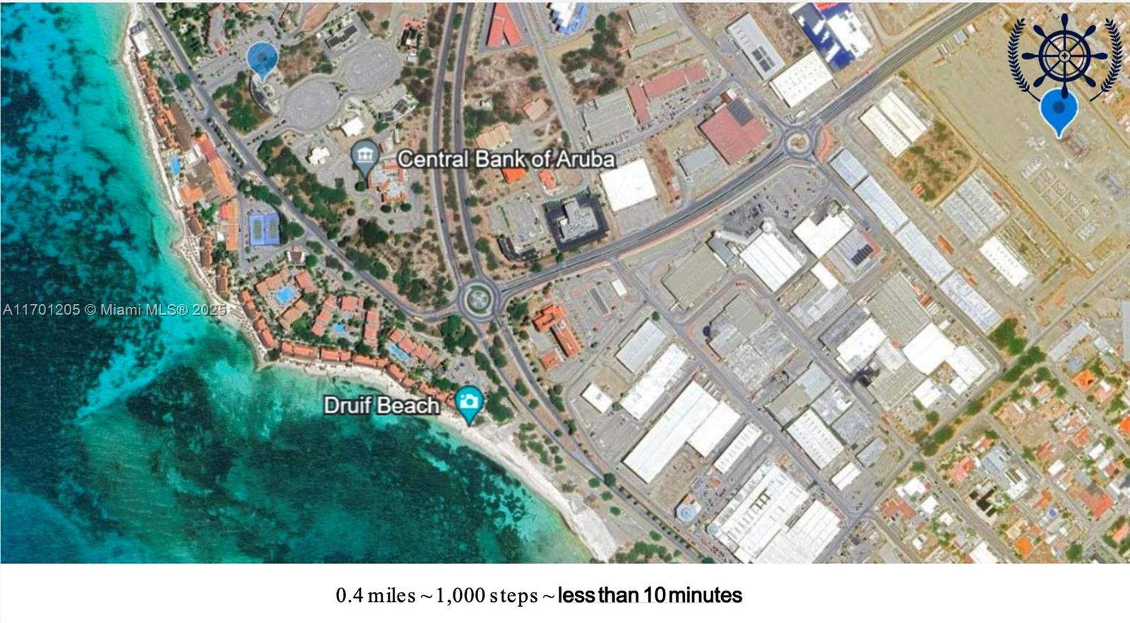 This is a satellite map showing the location of Druif Beach near the Central Bank of Aruba — BUSHIRI BUSHIRI # 2, NA, NA