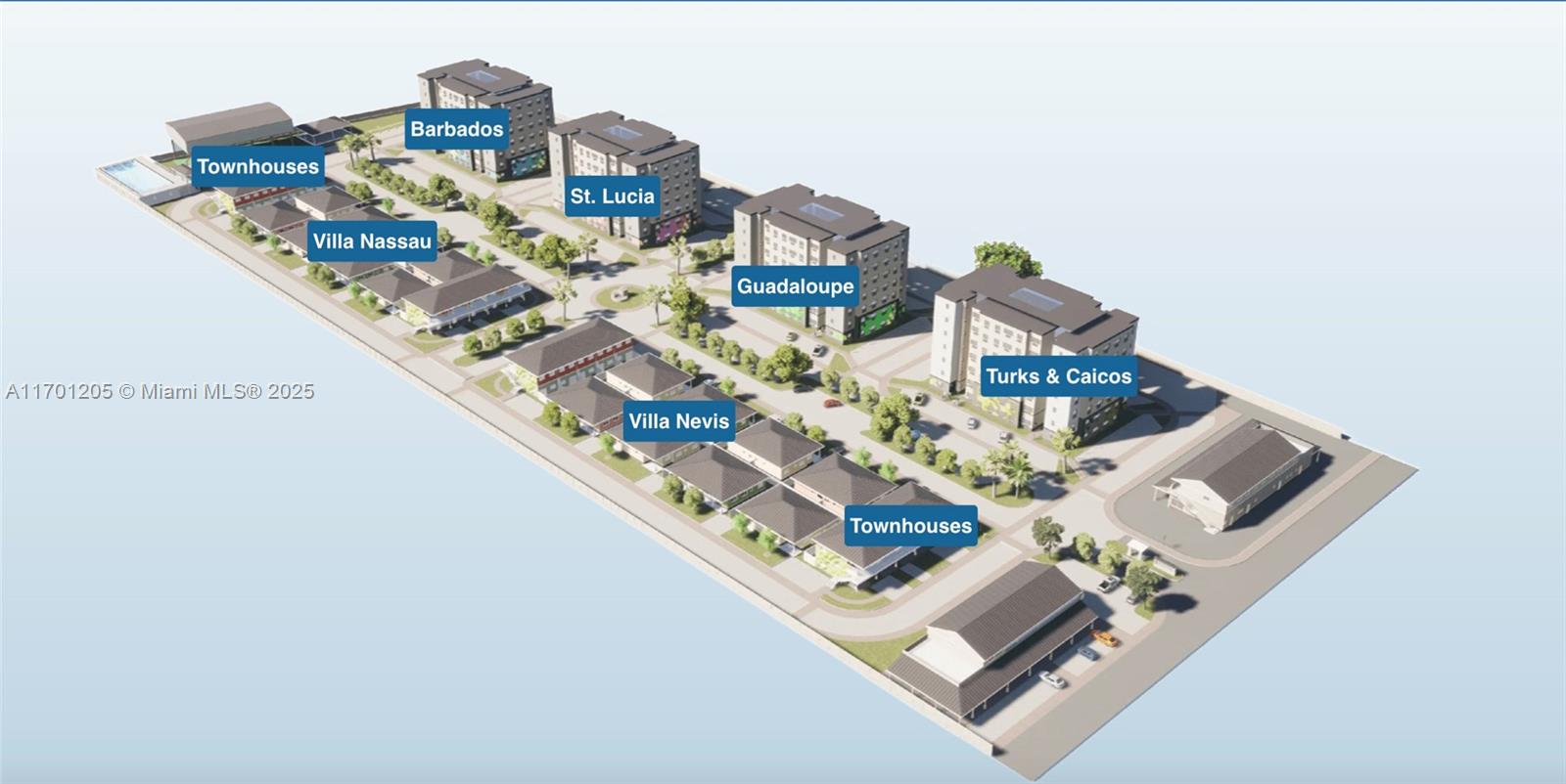 This is a digital rendering of a residential complex featuring several apartment buildings and townhouses — BUSHIRI BUSHIRI # 2, NA, NA