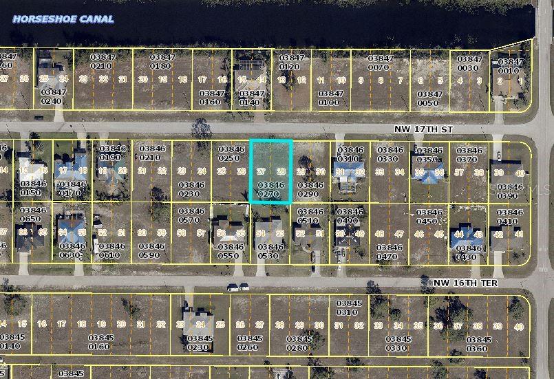 This is an aerial map showing residential lots and streets in a suburban neighborhood — 1624 NW 17TH STREET, CAPE CORAL, FL