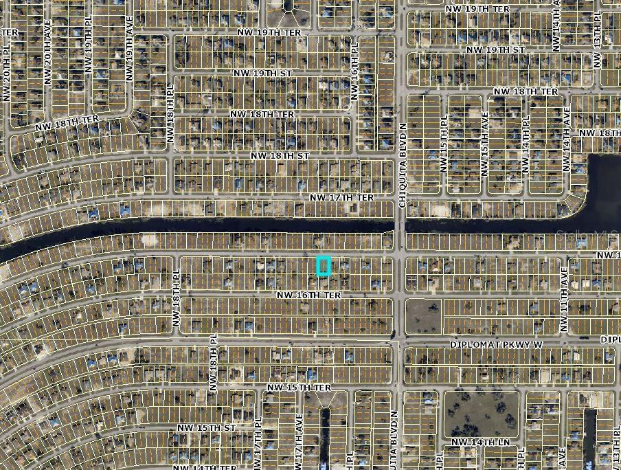 This is an aerial map showing a residential neighborhood with a highlighted property lot — 1624 NW 17TH STREET, CAPE CORAL, FL
