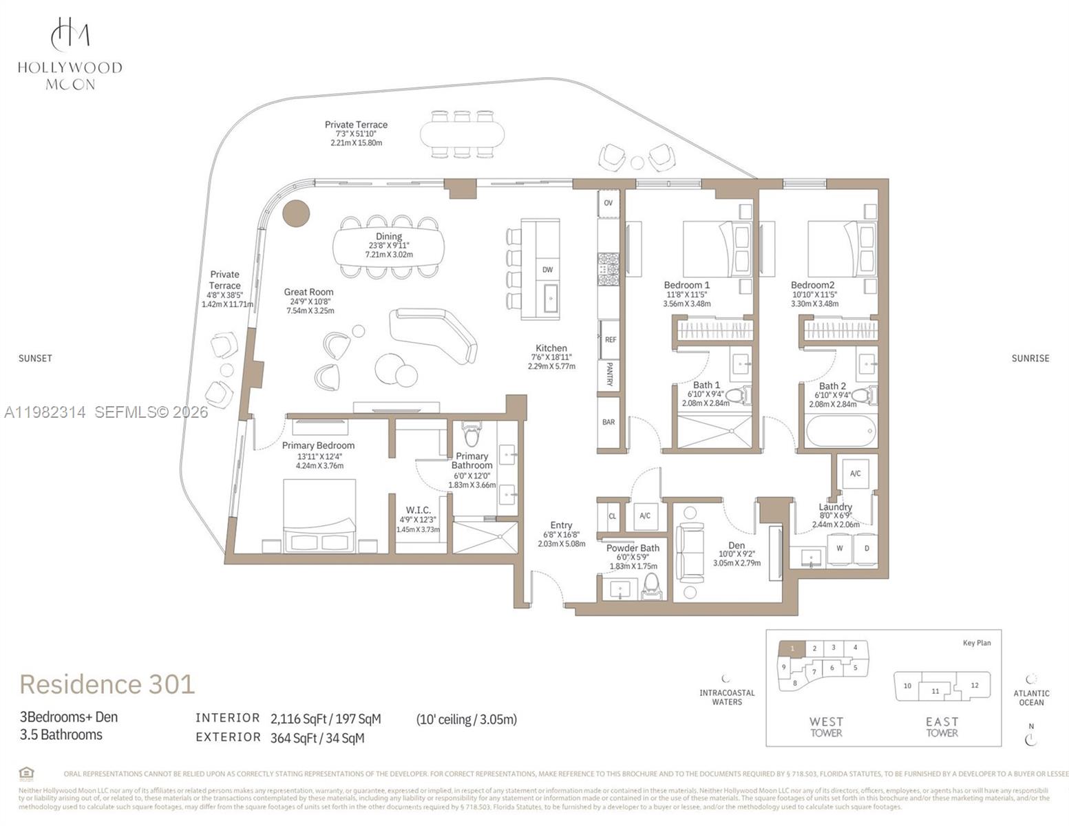 This is a floor plan for a three-bedroom residence with a den and private terrace — 901 S Ocean Dr. # 301, Hollywood FL 33019, HOLLYWOOD, FL