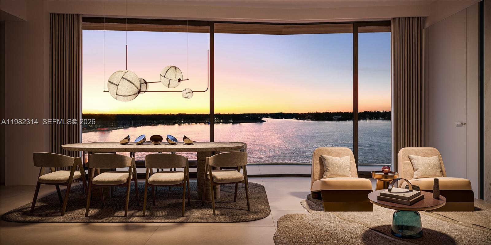 This rendering shows a modern dining and living area with floor-to-ceiling windows overlooking water — 901 S Ocean Dr. # 301, Hollywood FL 33019, HOLLYWOOD, FL
