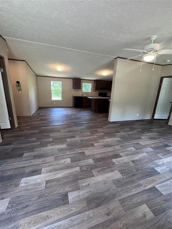 An open-concept living area features wood-look flooring, a ceiling fan, and a kitchen in back — 11801 NW 20TH STREET, OCALA, FL