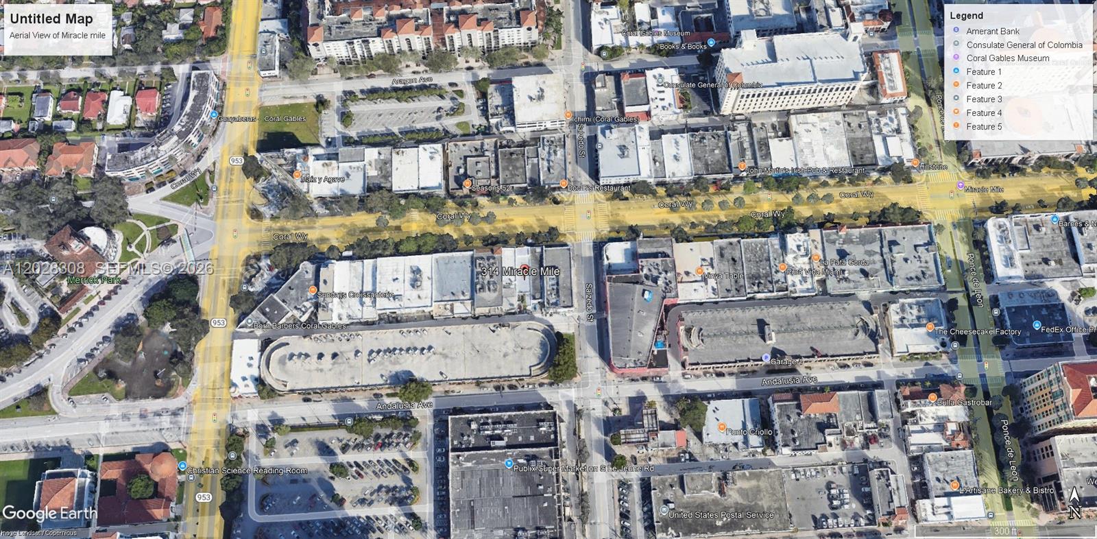 This is an aerial map view of the Miracle Mile area in Coral Gables, Florida — 314 Coral Way, Coral Gables FL 33134, CORAL GABLES, FL