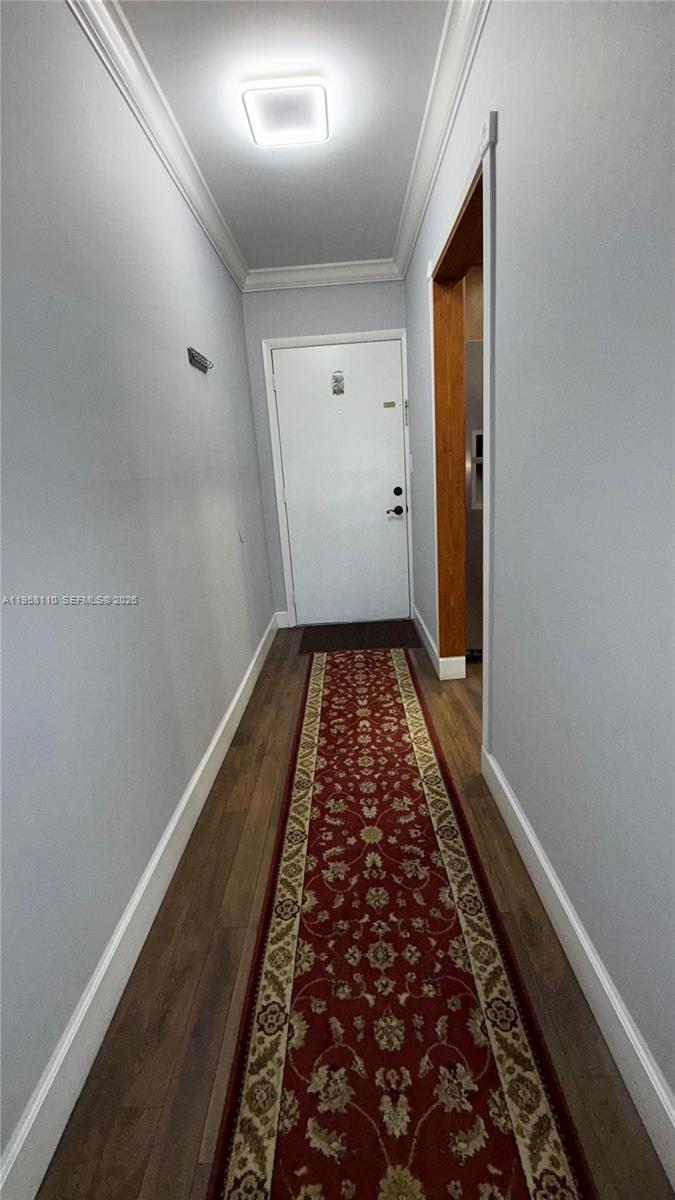 A hallway with light gray walls, wood-look flooring, and a long red patterned runner rug — 1075 W 68th St # 403, Hialeah FL 33014, HIALEAH, FL