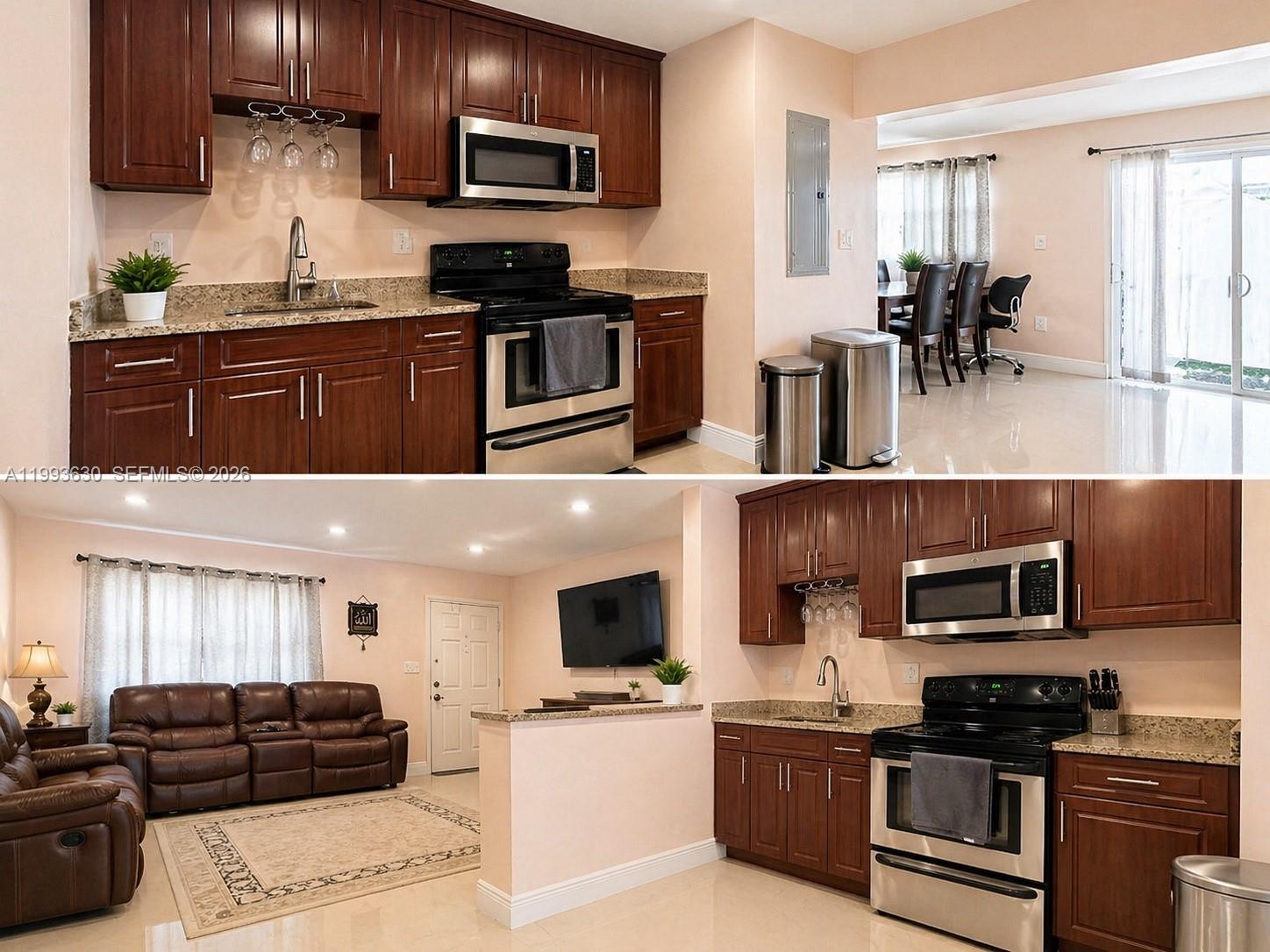 A kitchen with dark wood cabinets and stainless steel appliances opens to a living area — 1878 NW 45th Ct, Tamarac FL 33309, TAMARAC, FL