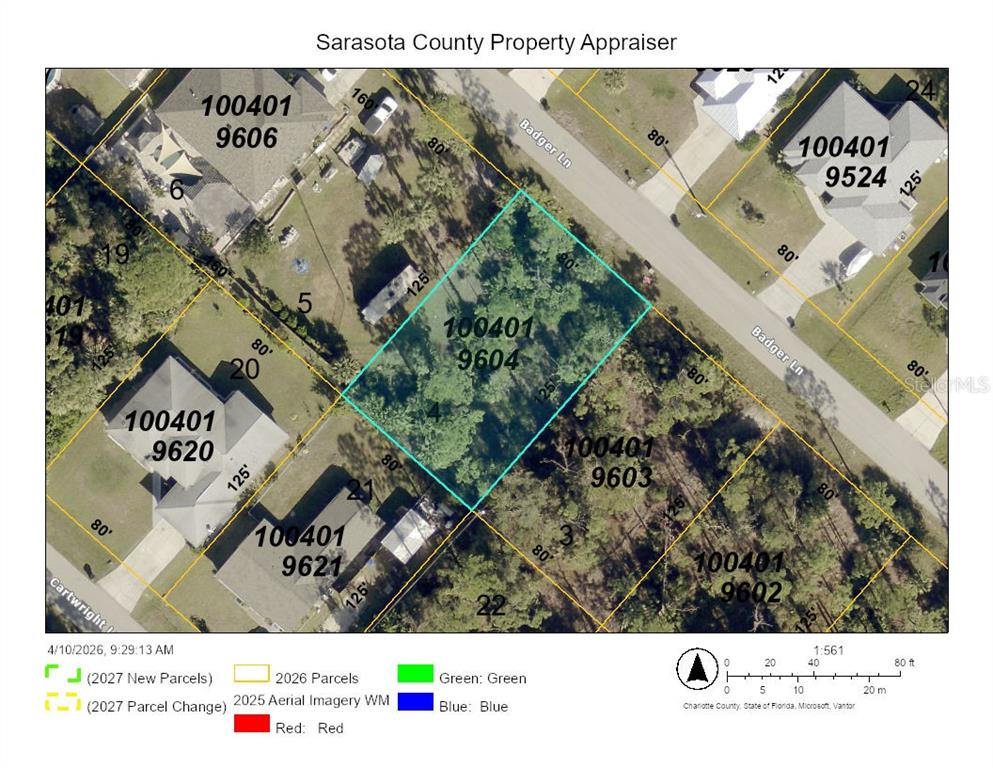 This is a property tax map showing parcel boundaries and lot dimensions in a residential area — BADGER LANE, NORTH PORT, FL