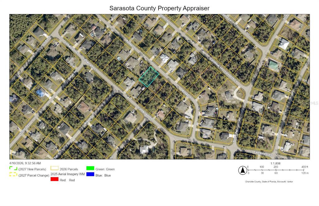 This is a map showing property parcel boundaries overlaid on an aerial view of a neighborhood — BADGER LANE, NORTH PORT, FL