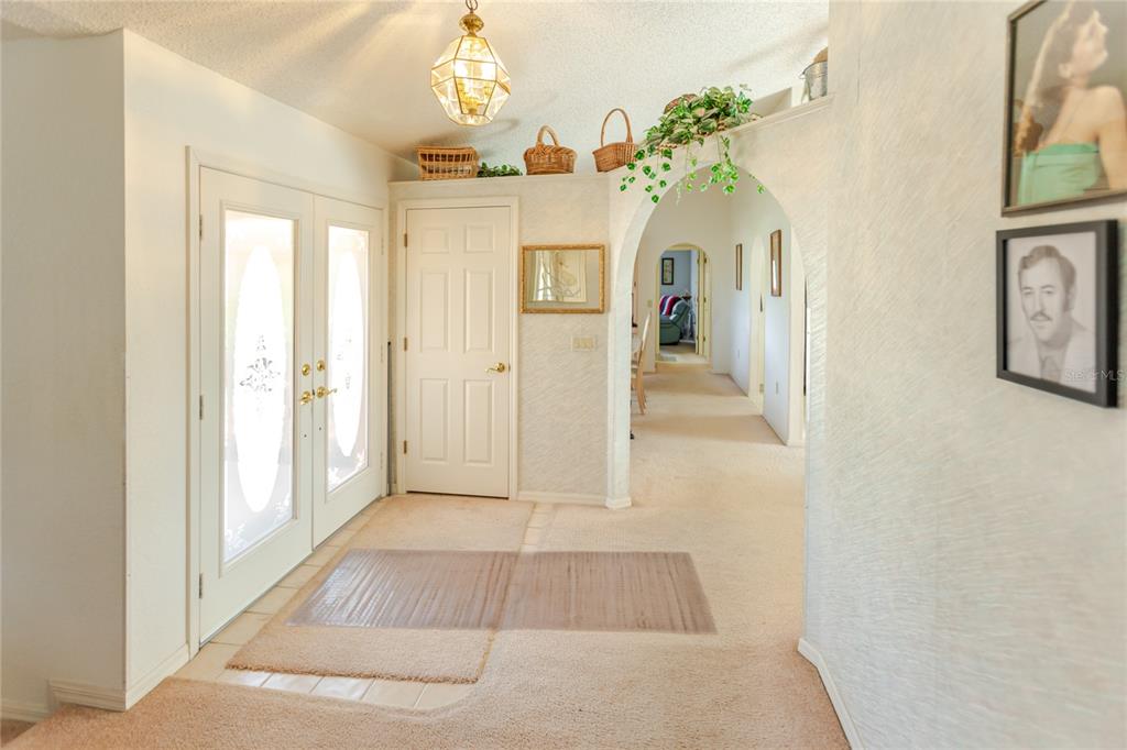 An entryway features beige carpeting, a white door, an arched hallway, and a hanging light — 11034 AUBURNDALE STREET, SPRING HILL, FL