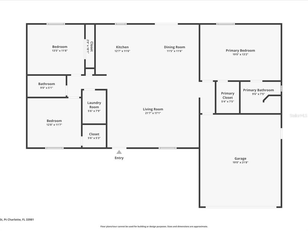 This is a floor plan of a house featuring three bedrooms, two bathrooms, and a garage — 12081 SNOW BIRD AVENUE, PORT CHARLOTTE, FL