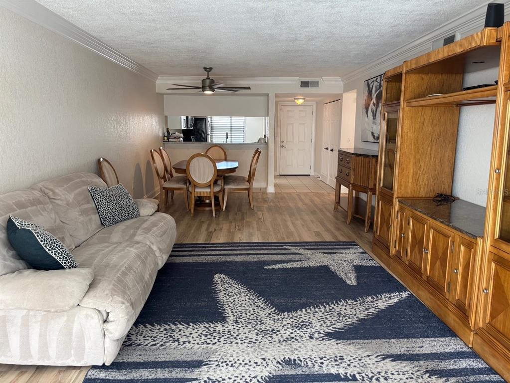 A living room with a beige sofa, a starfish rug, and a wooden entertainment center — 121 ISLAND WAY UNIT 331, CLEARWATER BEACH, FL