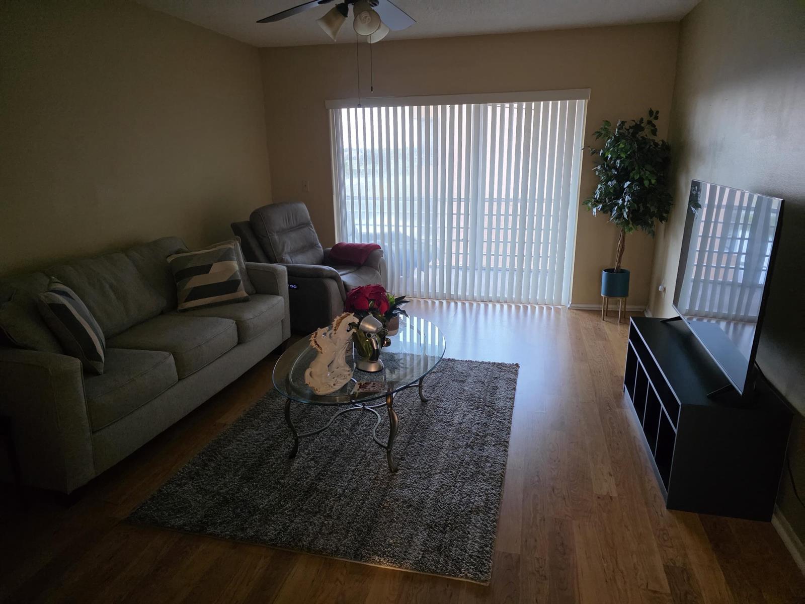 A living room with a grey sofa, recliner, glass coffee table, and television on a stand — 3048 E Sunrise Lakes Drive E # 412, Sunrise FL 33322, SUNRISE, FL