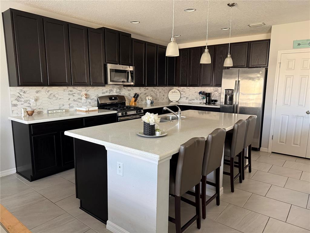 A kitchen features dark cabinets, white countertops, a large island with seating, and stainless appliances — 1501 FINCHBURG STREET, MINNEOLA, FL