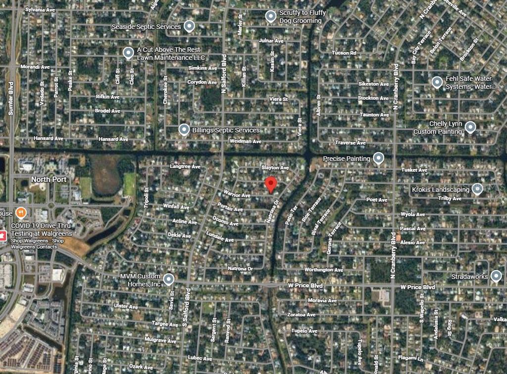 This is a satellite map view of a residential neighborhood in North Port, Florida — Lot 12 WARRIOR AVENUE, NORTH PORT, FL