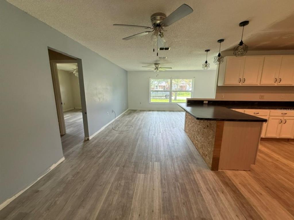 An open-concept living area features wood-look flooring, a kitchen island, and a ceiling fan — 11160 SW 136TH COURT ROAD, DUNNELLON, FL