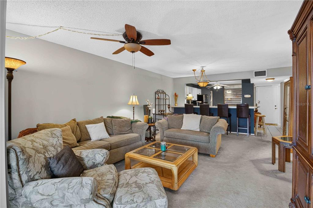 A living room with carpeted floors, a ceiling fan, and an open kitchen with bar seating — 755 OAKVIEW DRIVE, BRADENTON, FL
