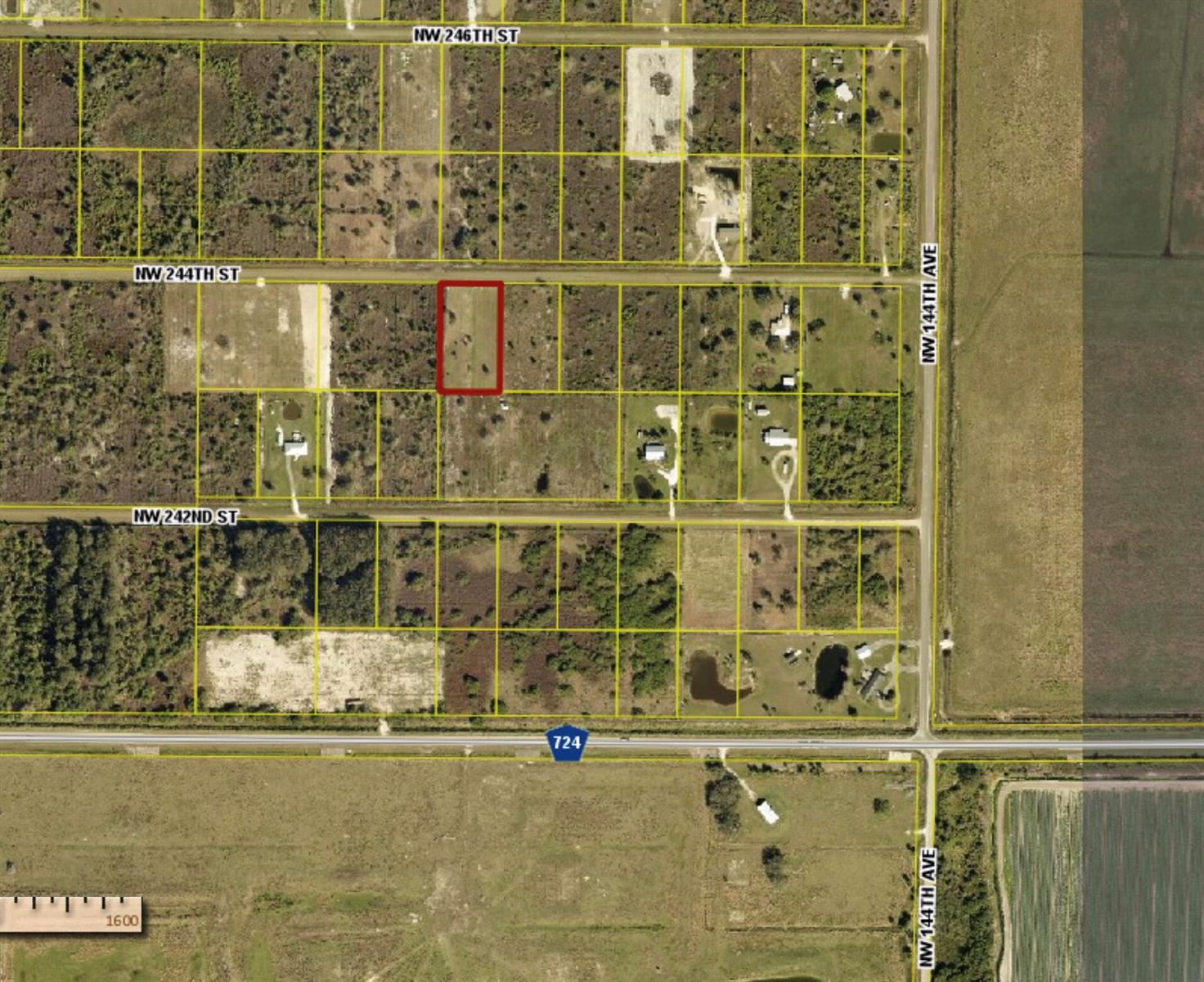 An aerial map shows a rectangular property outlined in red within a grid of lots — 14772 NW 244th Street, Okeechobee FL 34972, OKEECHOBEE, FL