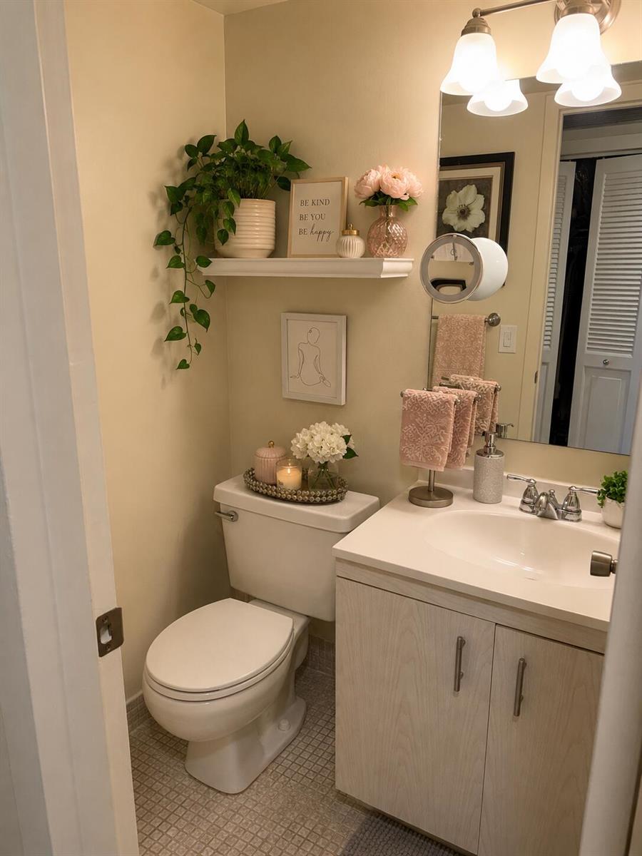A small bathroom features a white vanity, a toilet, a floating shelf, and floral decor — 3067 Yarmouth D, Boca Raton FL 33434, BOCA RATON, FL