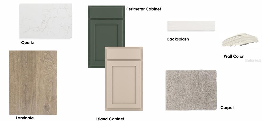 This design board displays samples of quartz, cabinets, backsplash, wall paint, laminate flooring, and carpet — 5713 COOPERS HAWK COURT, ST CLOUD, FL