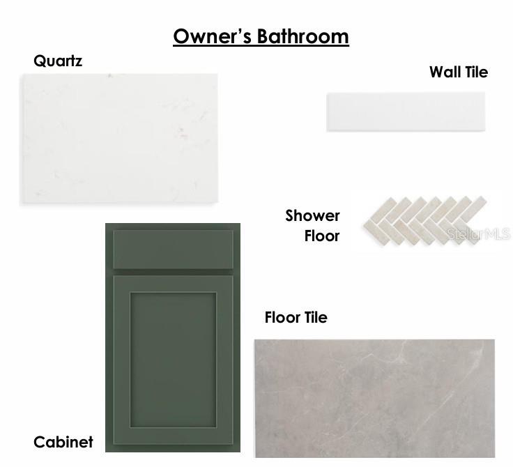 This image is a design board showing material samples for an owner's bathroom — 5713 COOPERS HAWK COURT, ST CLOUD, FL