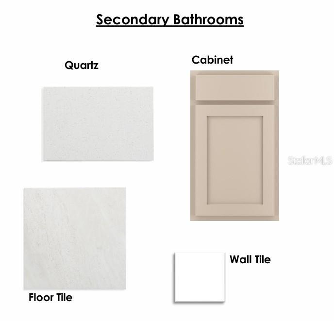 This design board displays material samples for a secondary bathroom, including quartz, cabinetry, and tiles — 5713 COOPERS HAWK COURT, ST CLOUD, FL